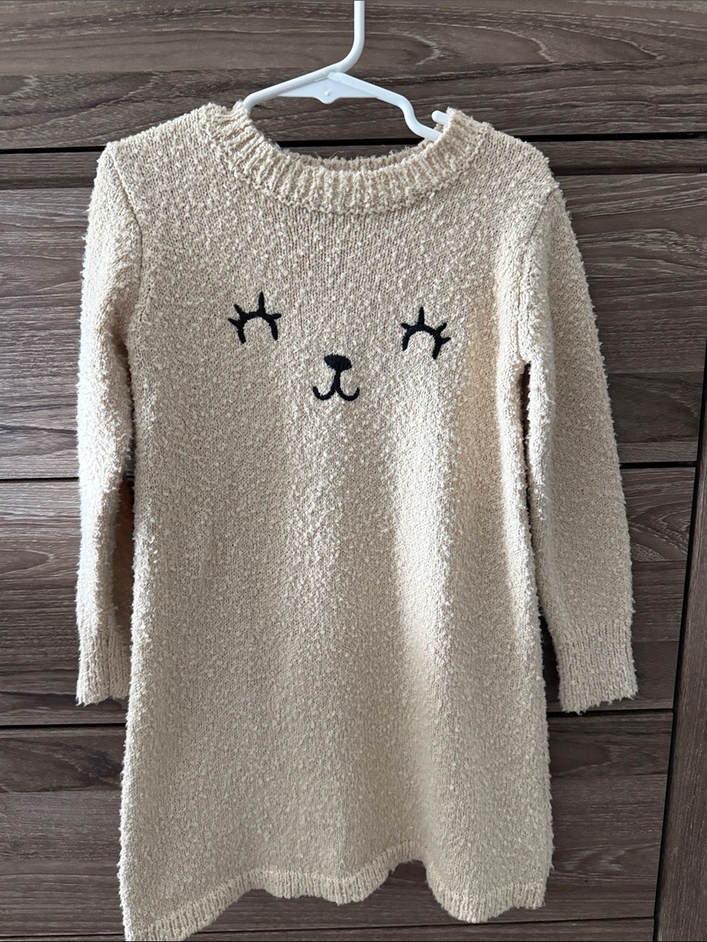 Cat & Jack Cream Plush Kids Dress with Black Face Embroidery